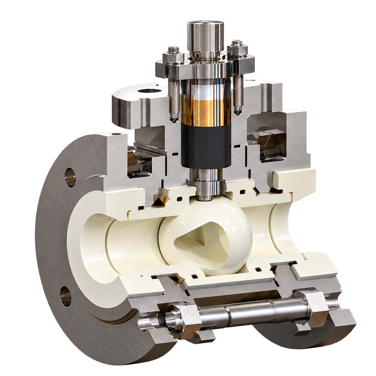 FCCV1 ceramic ball valve cutaway showing the ceramic ball, seats and lined flow path