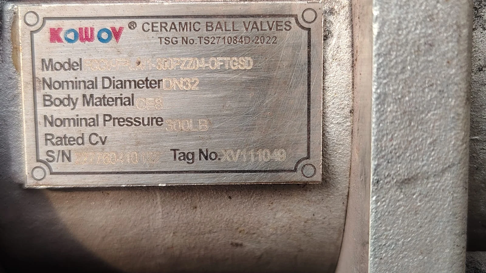 KOWOV valve identification nameplate